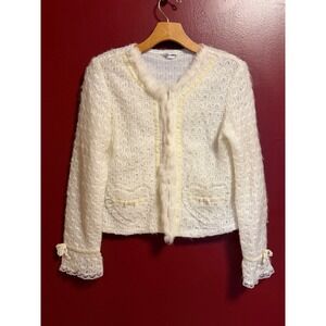 Grammy Vintage Crochet Knit Cardigan Size S Ivory Bow Detail Twee Coquette Sweet